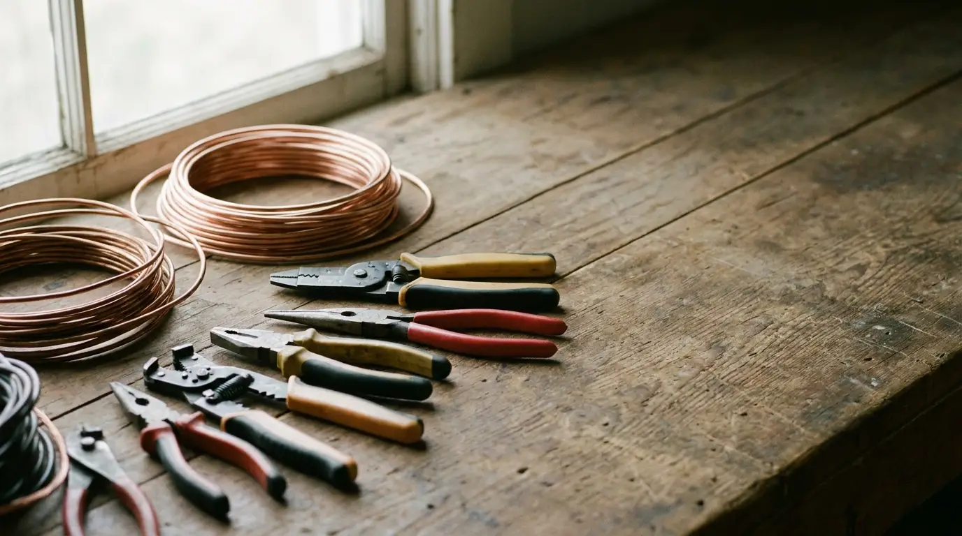 Coiled copper wire and pliers on rustic wooden table by window in natural light