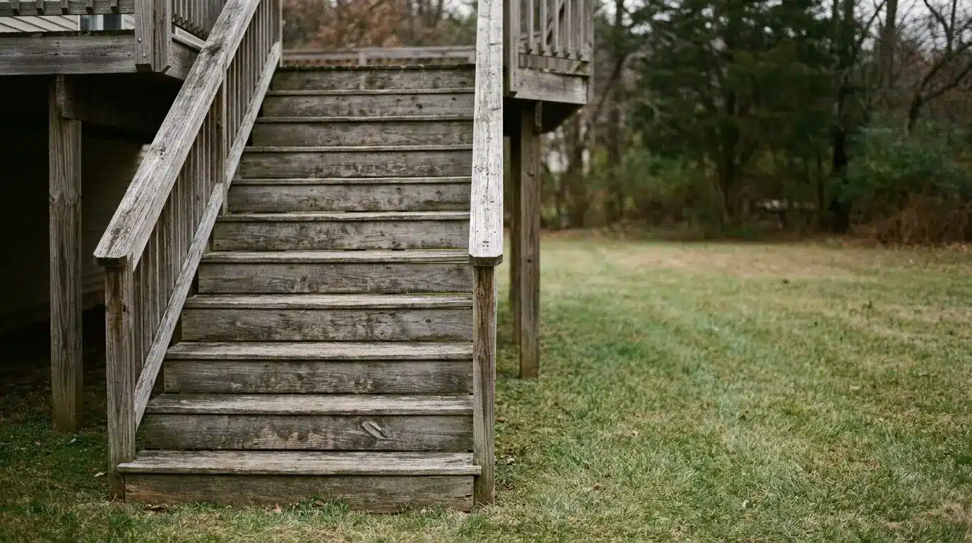 Weathered wooden staircase leading to porch in grassy backyard under overcast sky