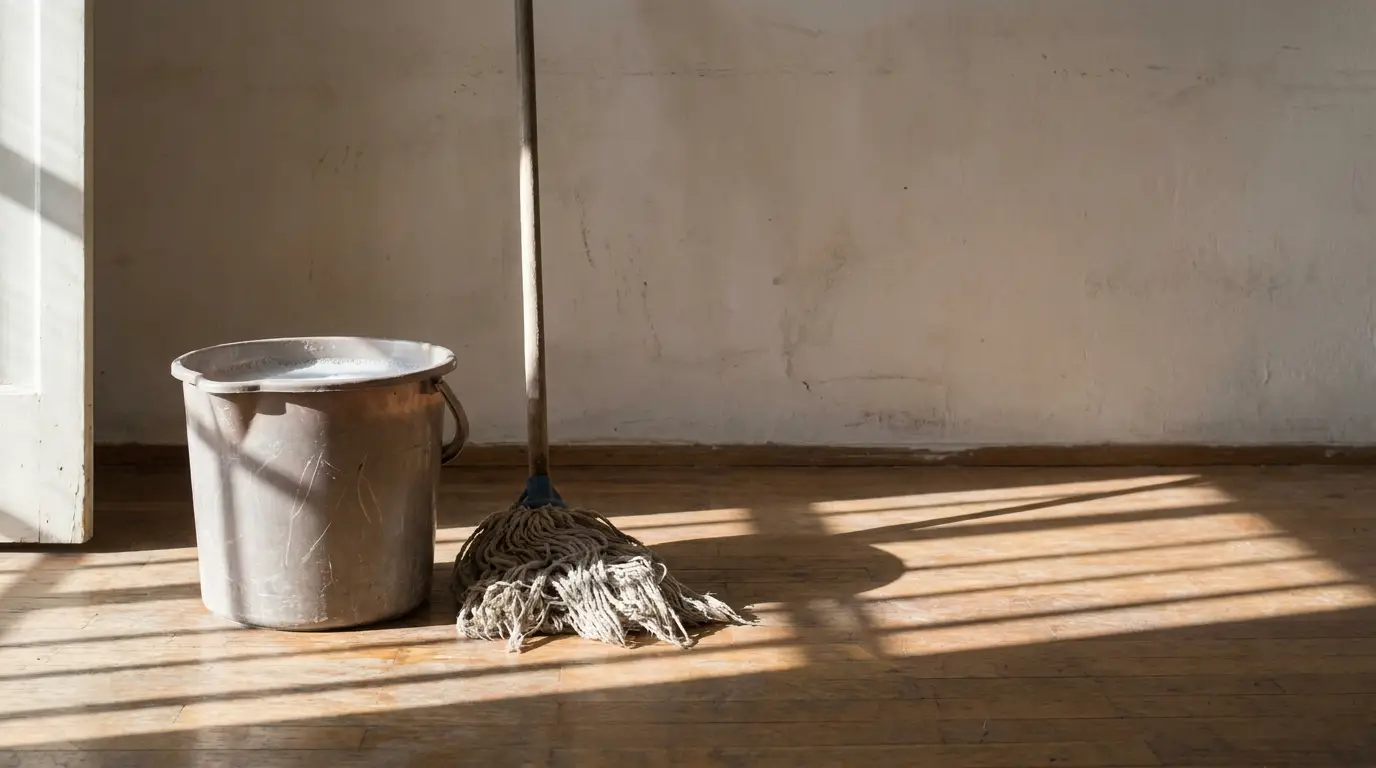 Mop and bucket on wooden floor in sunny room with shadows