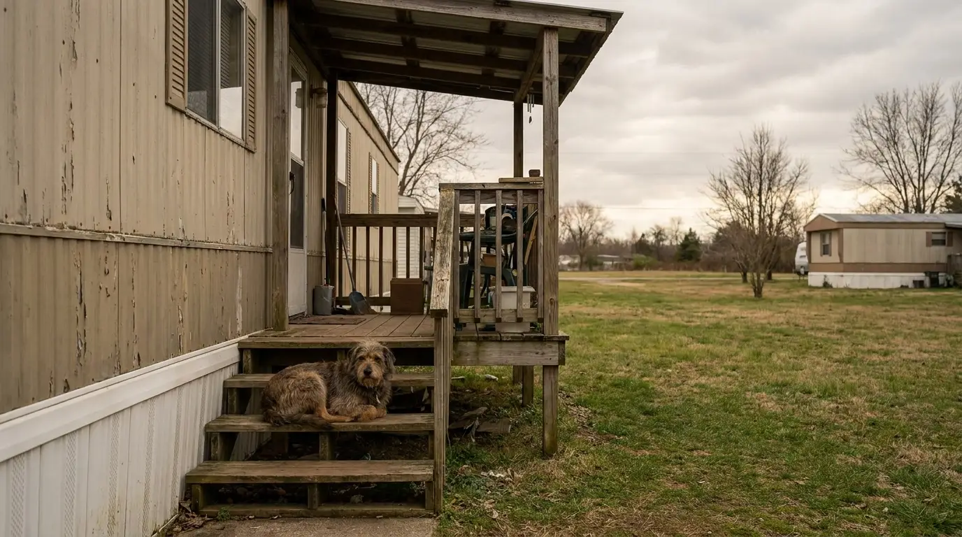 Dog sitting on wooden steps of a mobile home in grassy outdoor setting