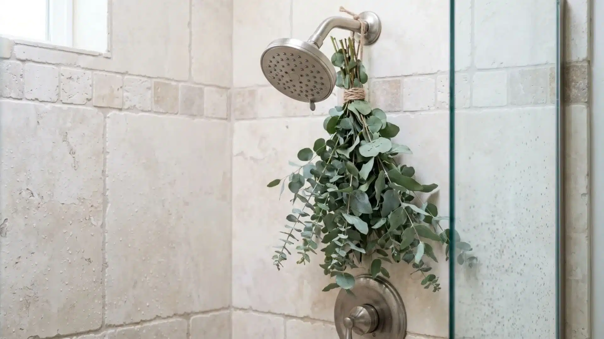 Fresh eucalyptus bundle secured near a showerhead with gentle rising steam.