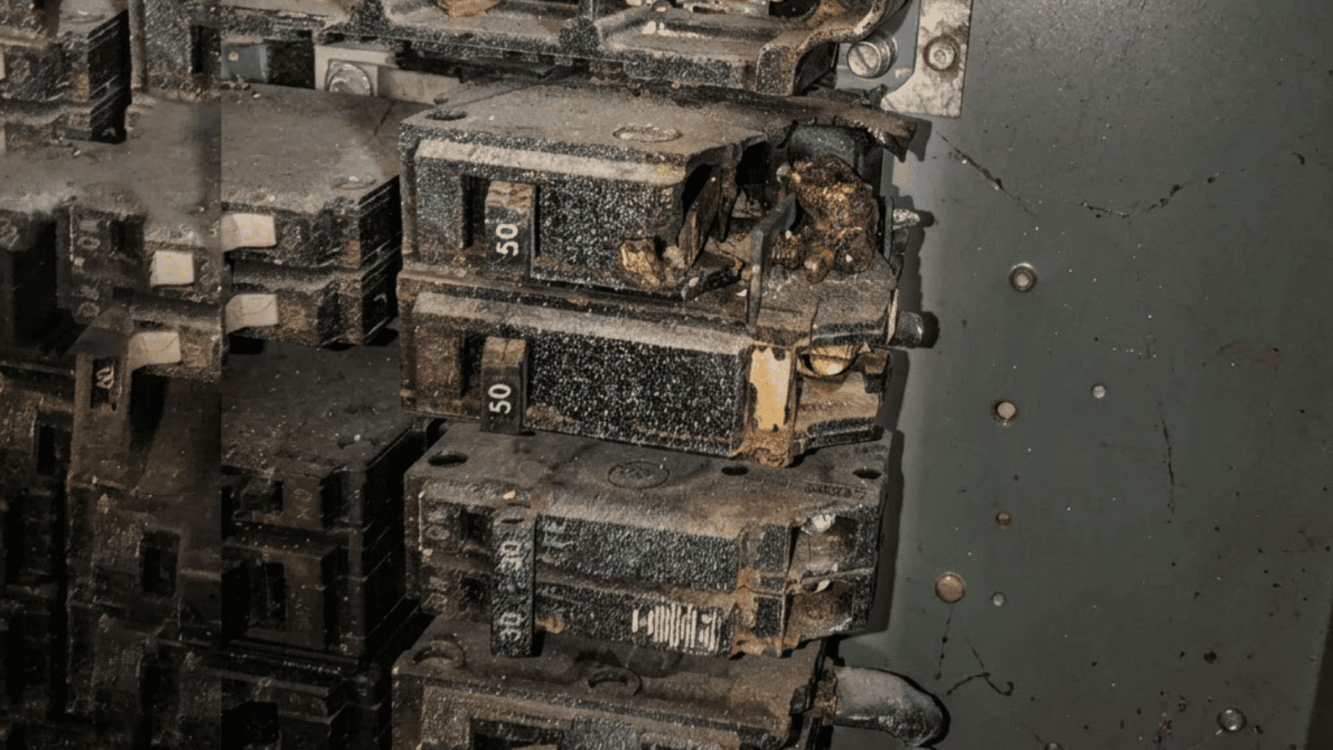 close up of an old damaged circuit breaker with corrosion and visible wear inside the panel