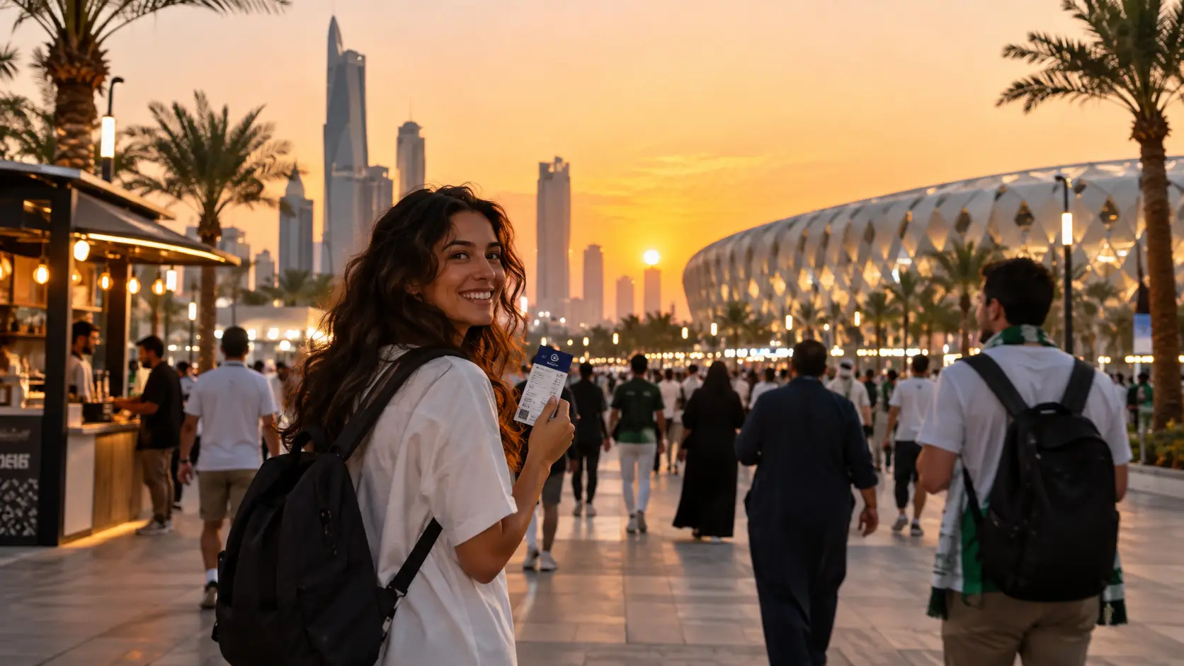 Woman holding tickets walking towards stadium at sunset with city skyline in the background