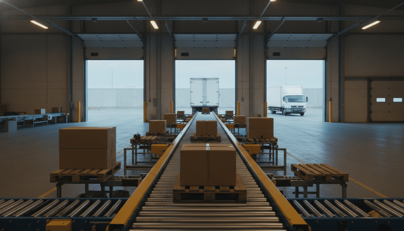 Boxes on conveyor belt in large industrial warehouse with loading docks and parked truck