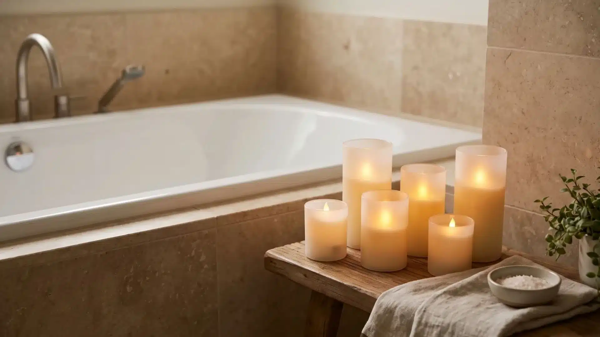 Warm flameless LED candles arranged around a freestanding bathtub.