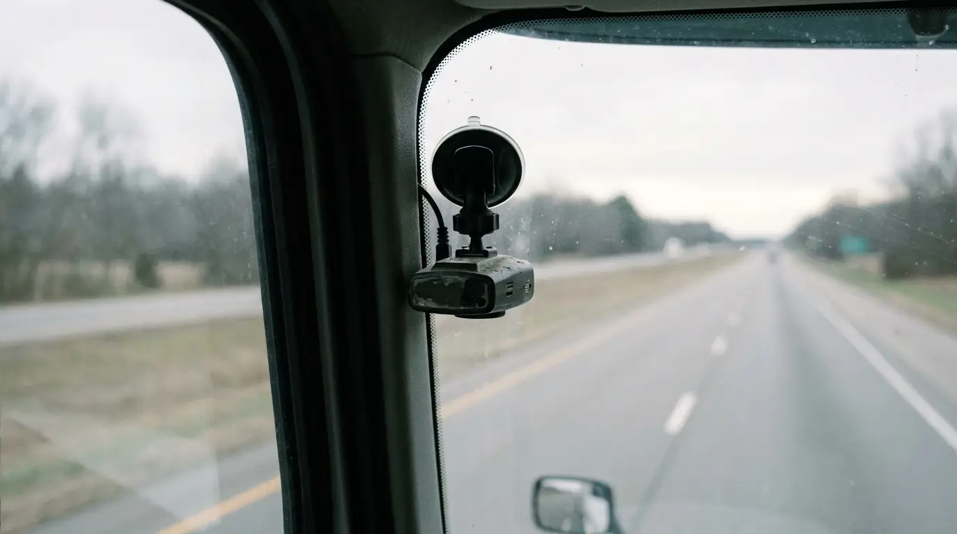 Dashcam mounted on windshield capturing view of highway and overcast sky