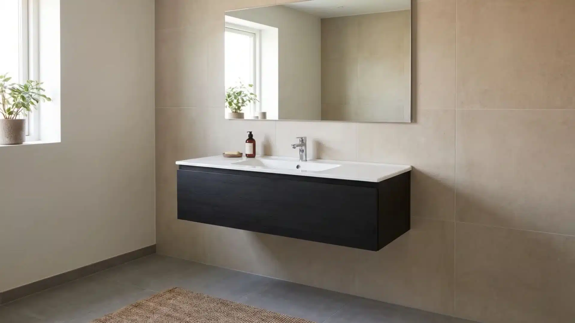 Floating vanity with visible floor space beneath in a minimal bathroom.