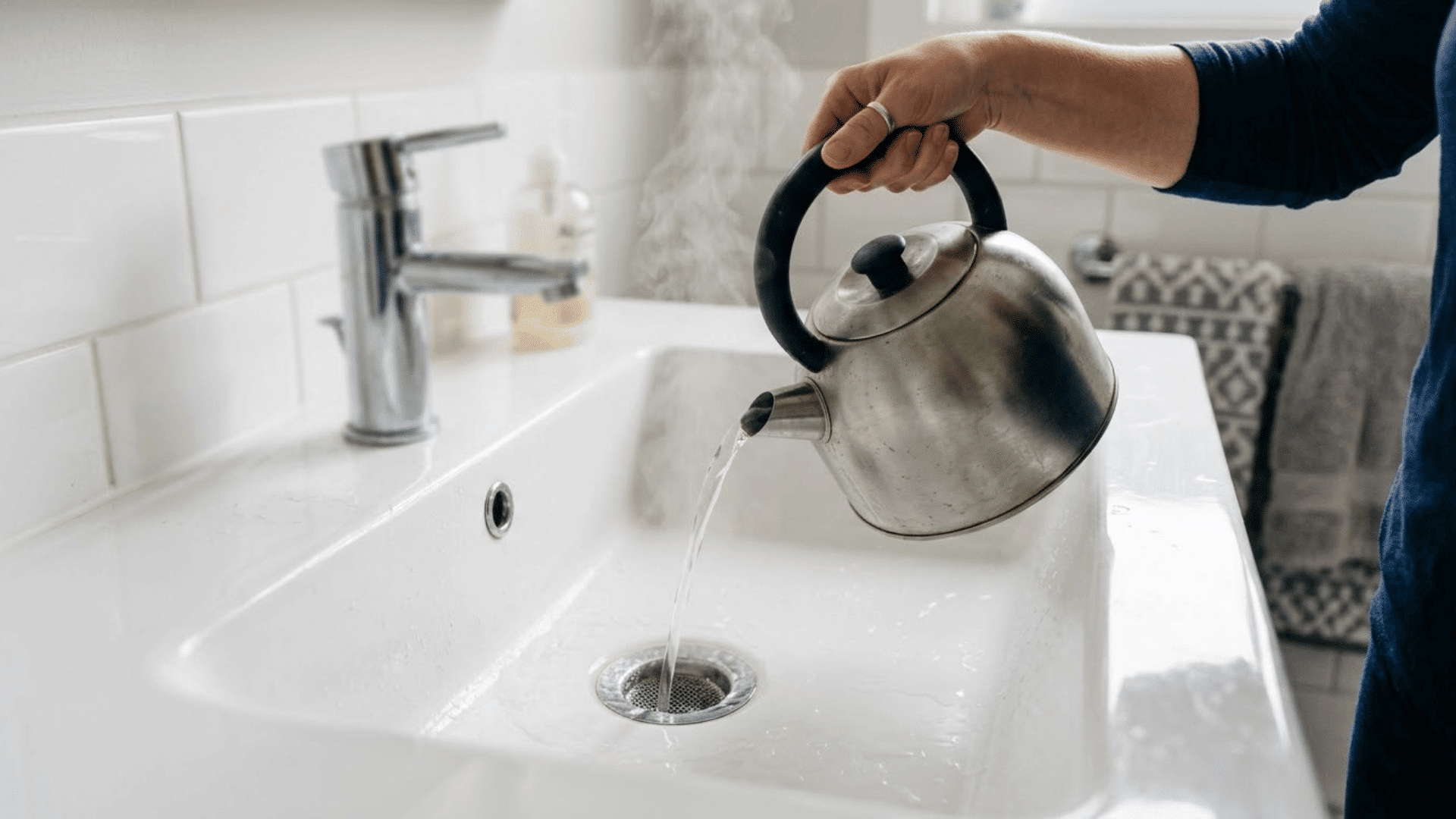 hot water being poured from a kettle into a bathroom sink drain to help loosen a minor clog