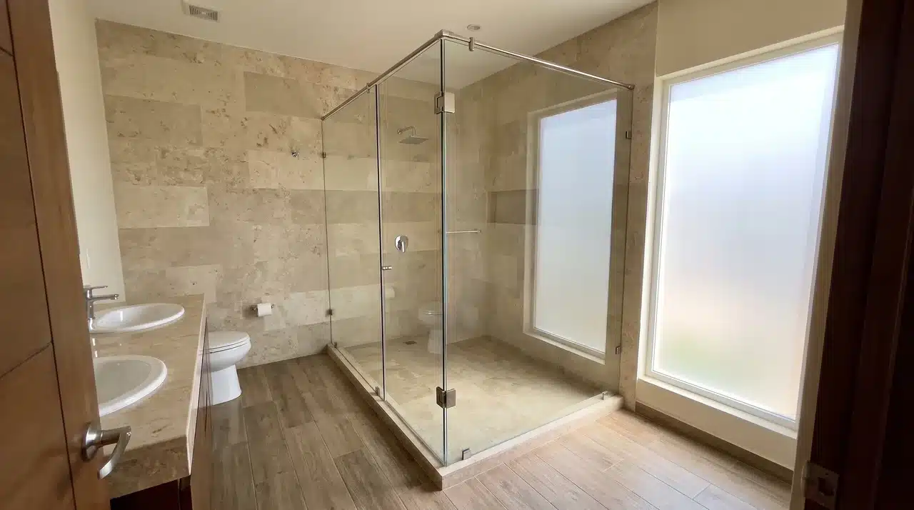Full bathroom with a frameless glass shower enclosure and visible tile and flooring across the room.