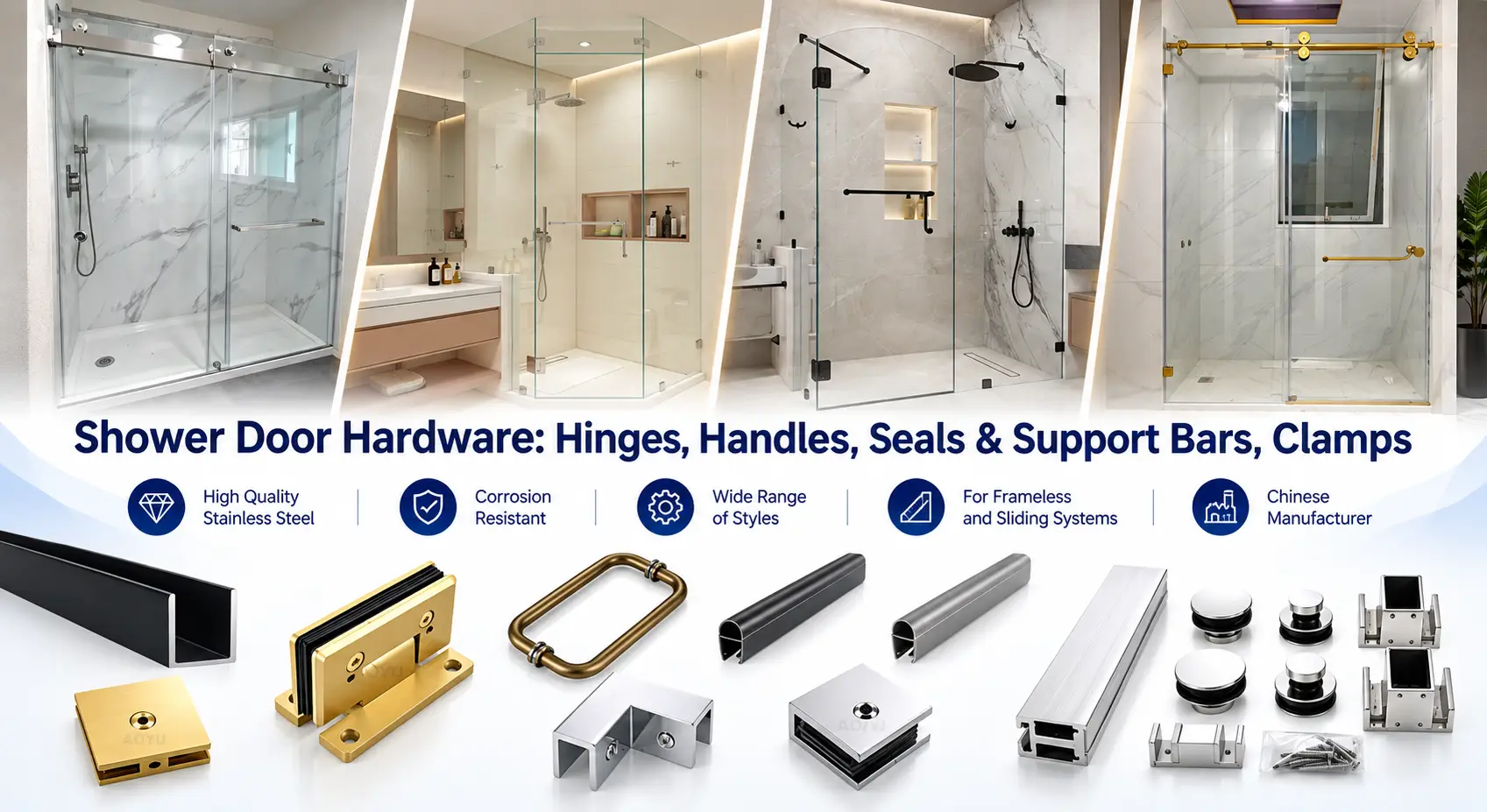 Shower enclosures with stainless steel hardware in various modern bathroom settings