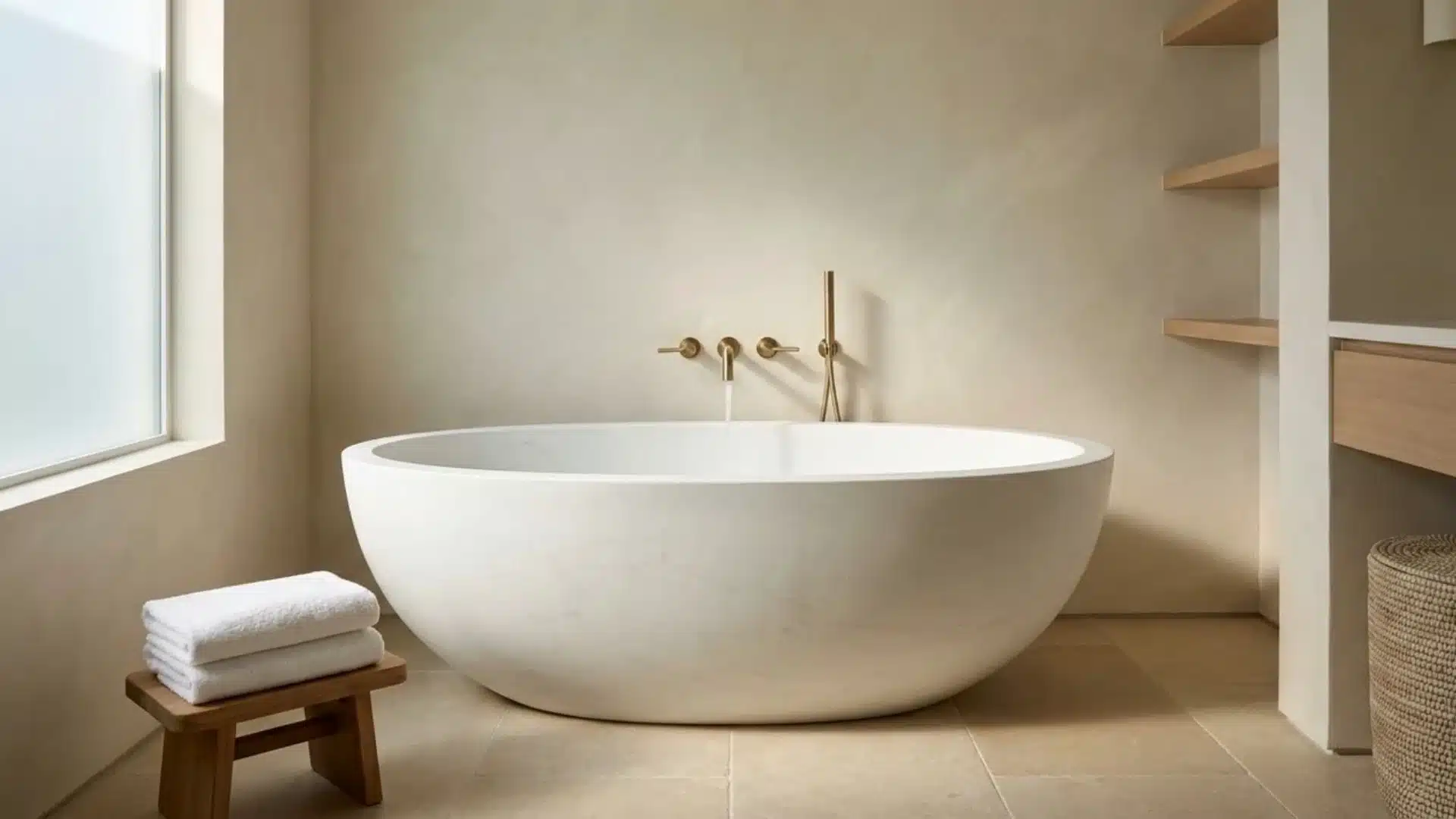 Freestanding soaking tub as the focal point of a neutral spa-inspired bathroom.