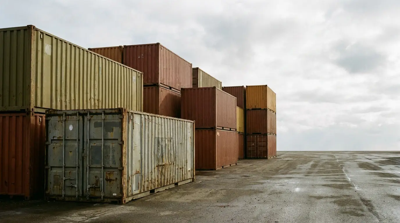 Stacked shipping containers on wet concrete under overcast sky