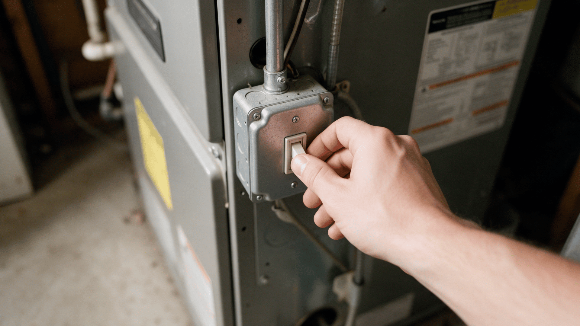 hand flipping a furnace power switch mounted in a metal junction box