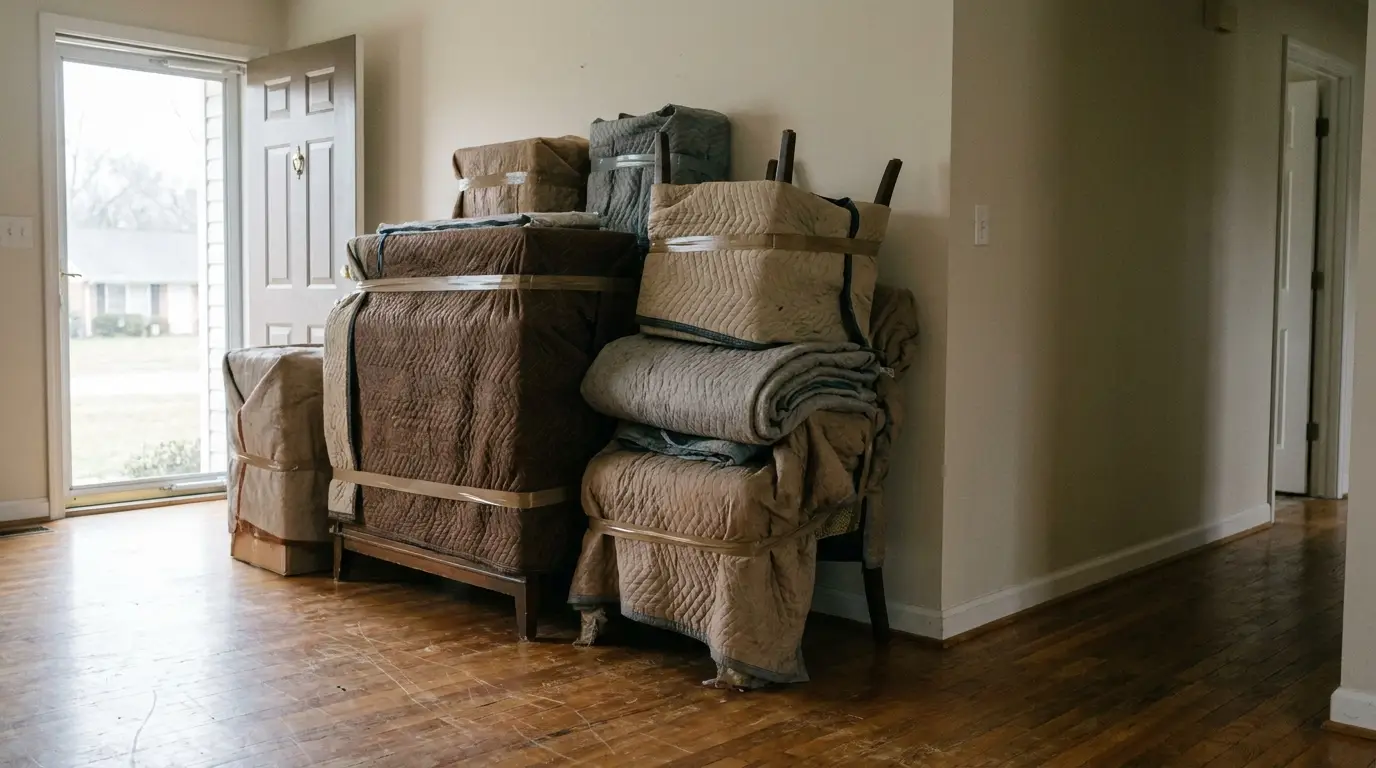 Stacked furniture wrapped with moving blankets in bright empty room with hardwood floors