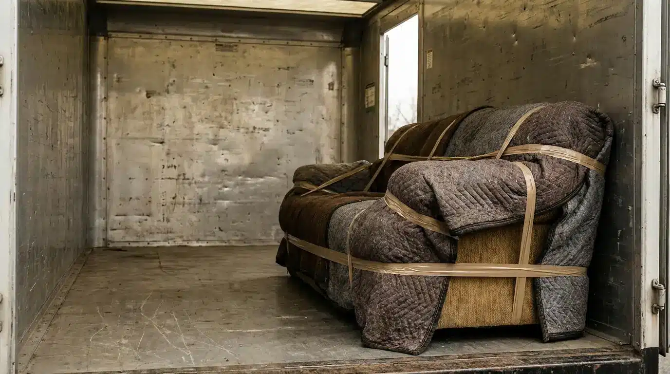 Couch wrapped in protective blankets secured inside a moving truck