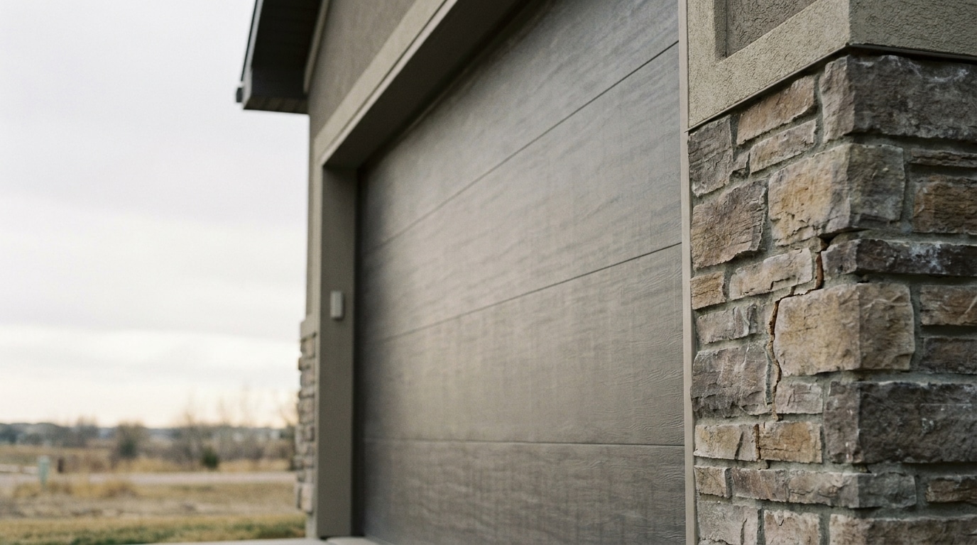 Close-up of a stone-clad exterior garage wall with gray panel door in suburban setting