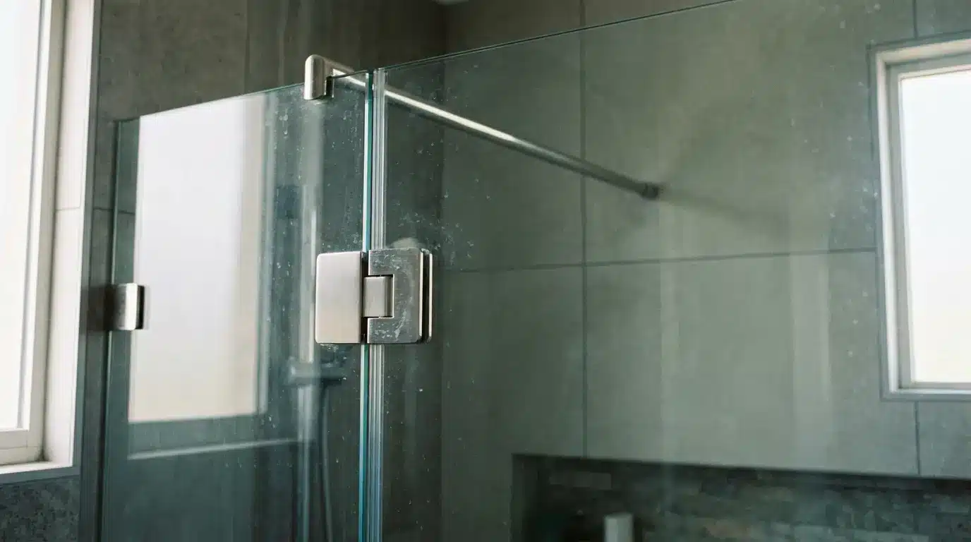 Glass shower doors with silver hinges in tiled bathroom under natural light