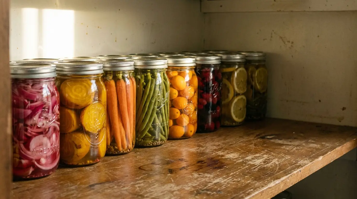 Various pickled vegetables in mason jars on rustic wooden shelf in natural light