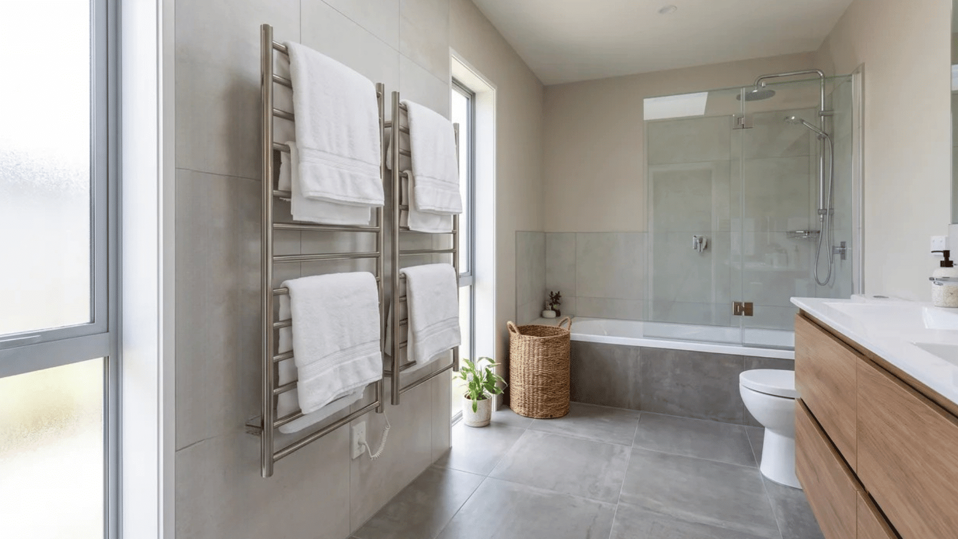 Full bathroom with a wall-mounted heated towel rack holding towels near the bath area.