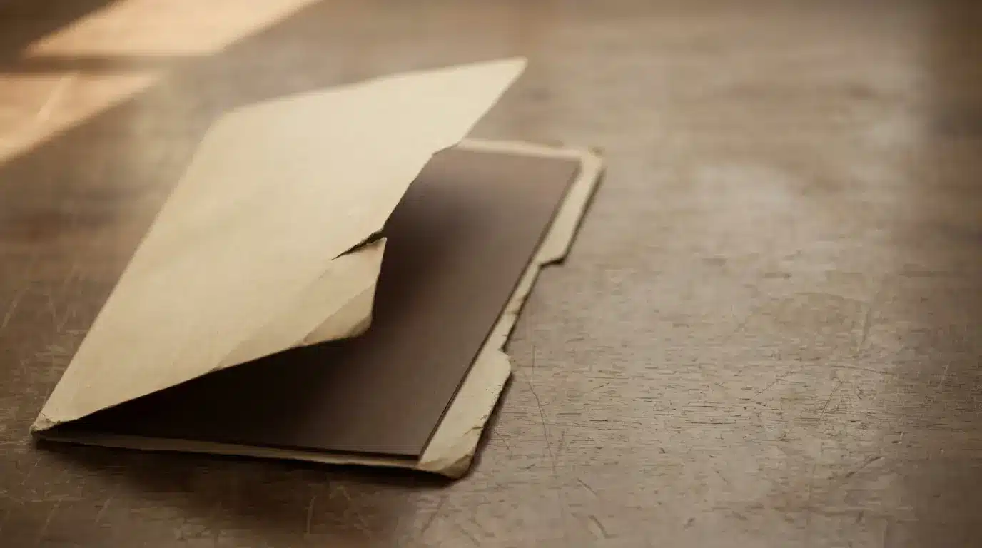 Open kraft envelope with dark card inside on wooden table surface