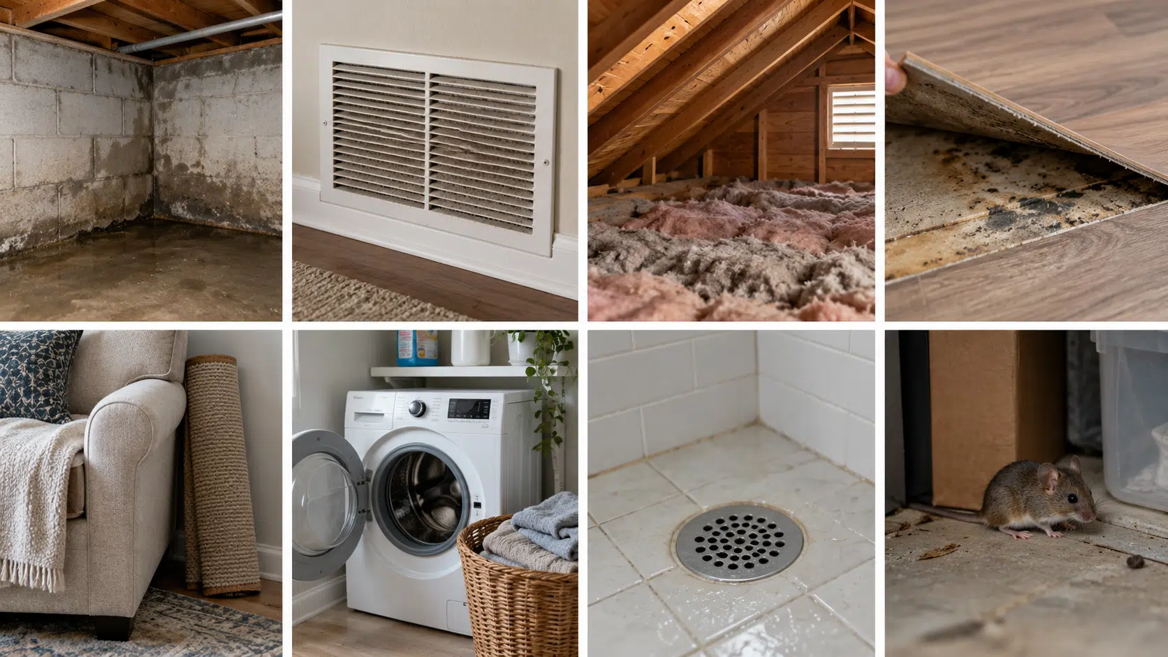 collage of common musty smell sources including damp basement, vents, attic, fabrics, drains, and pests
