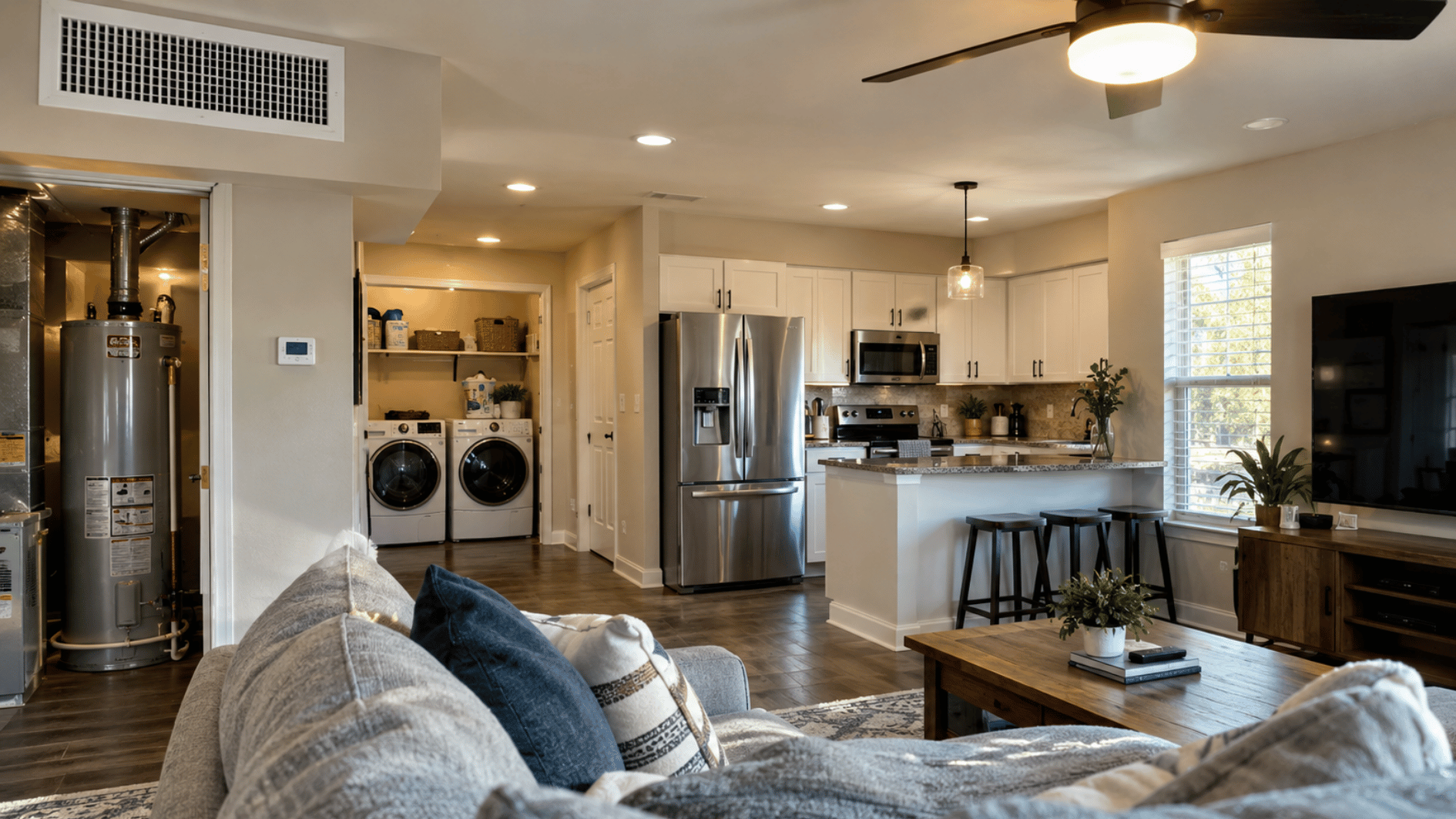 modern american home interior showing refrigerator laundry appliances television lighting and water heater