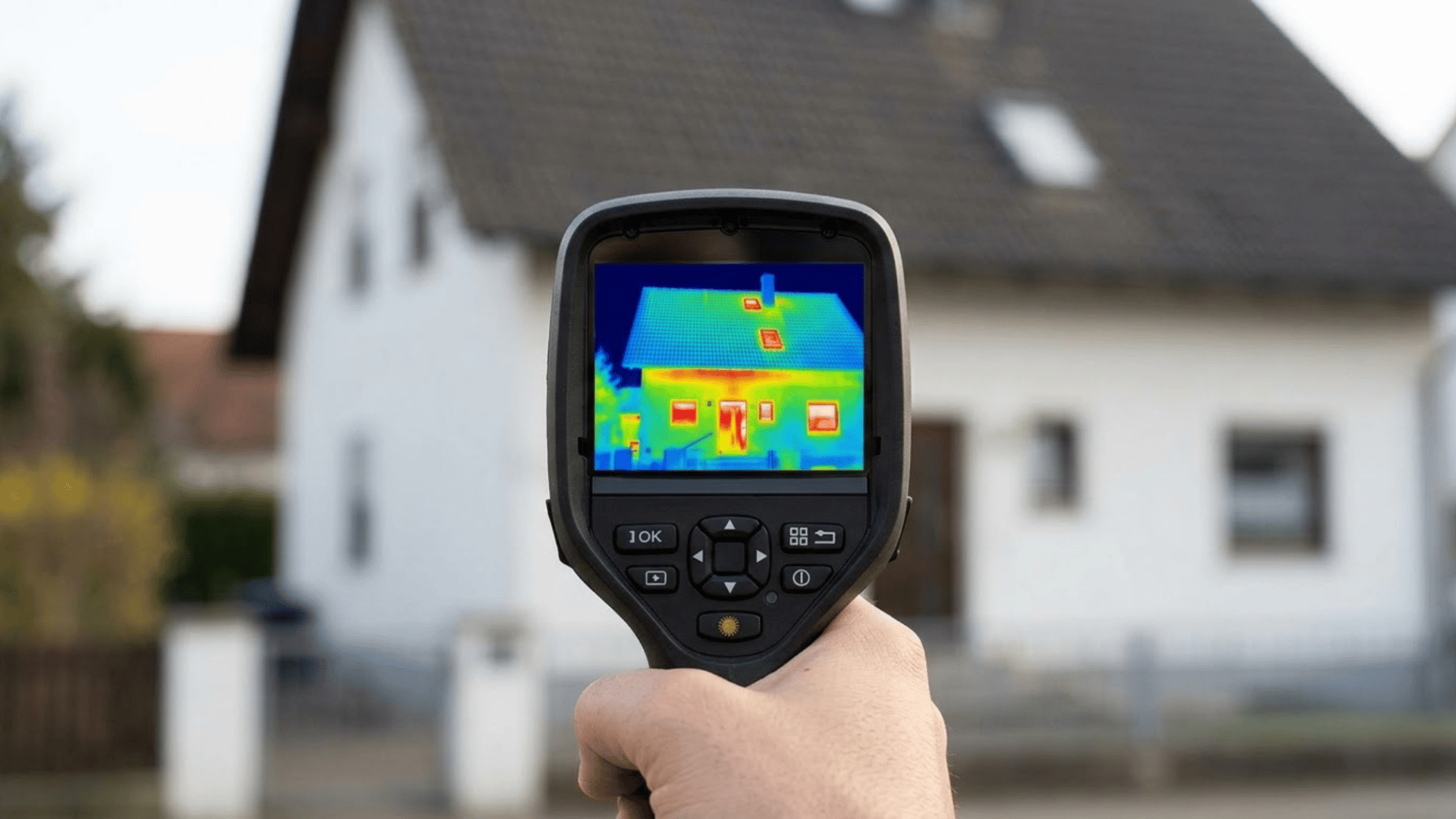 thermal imaging camera checking heat loss from a house during a home energy audit