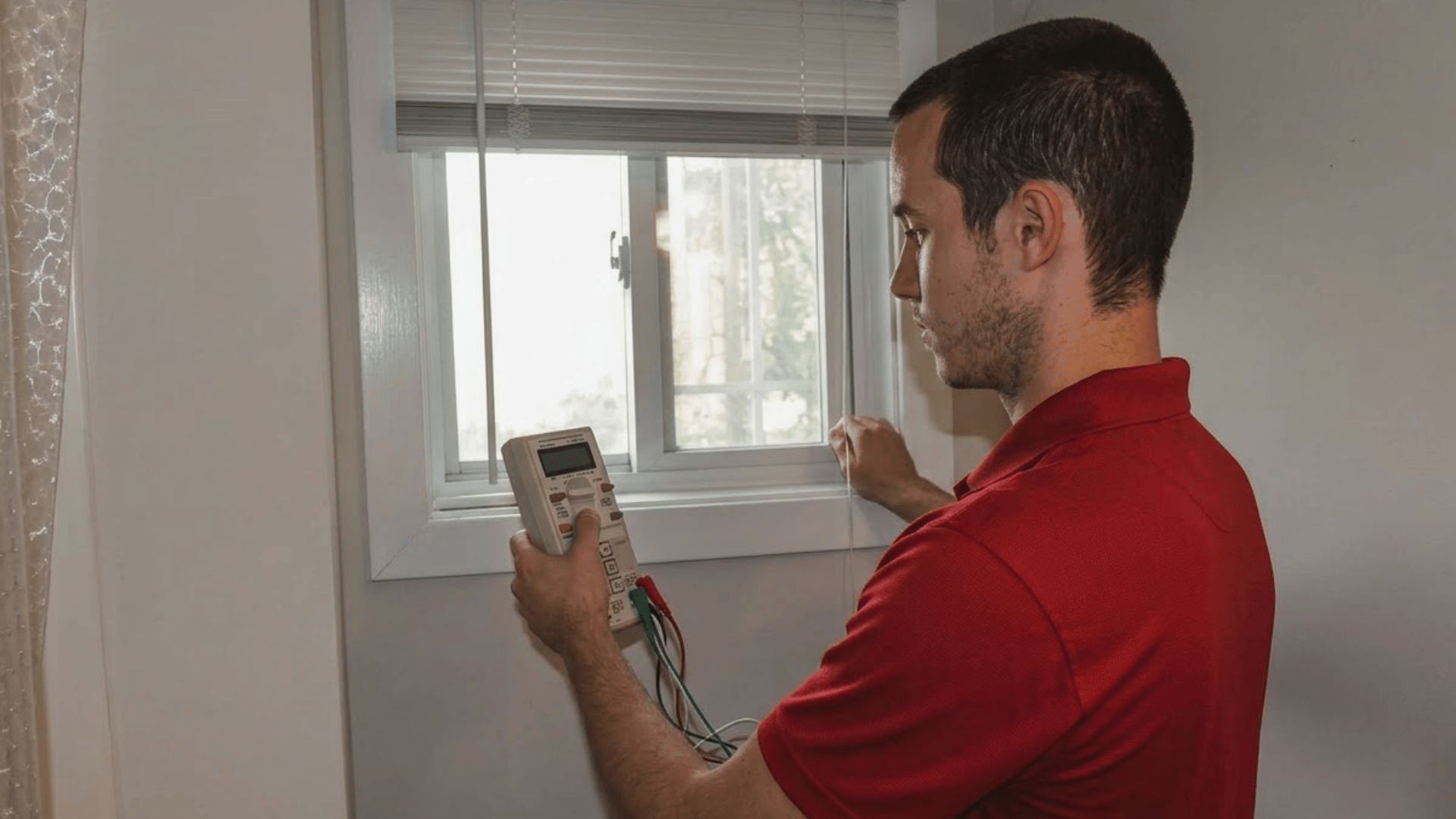technician testing a window for air leaks during a professional home energy audit