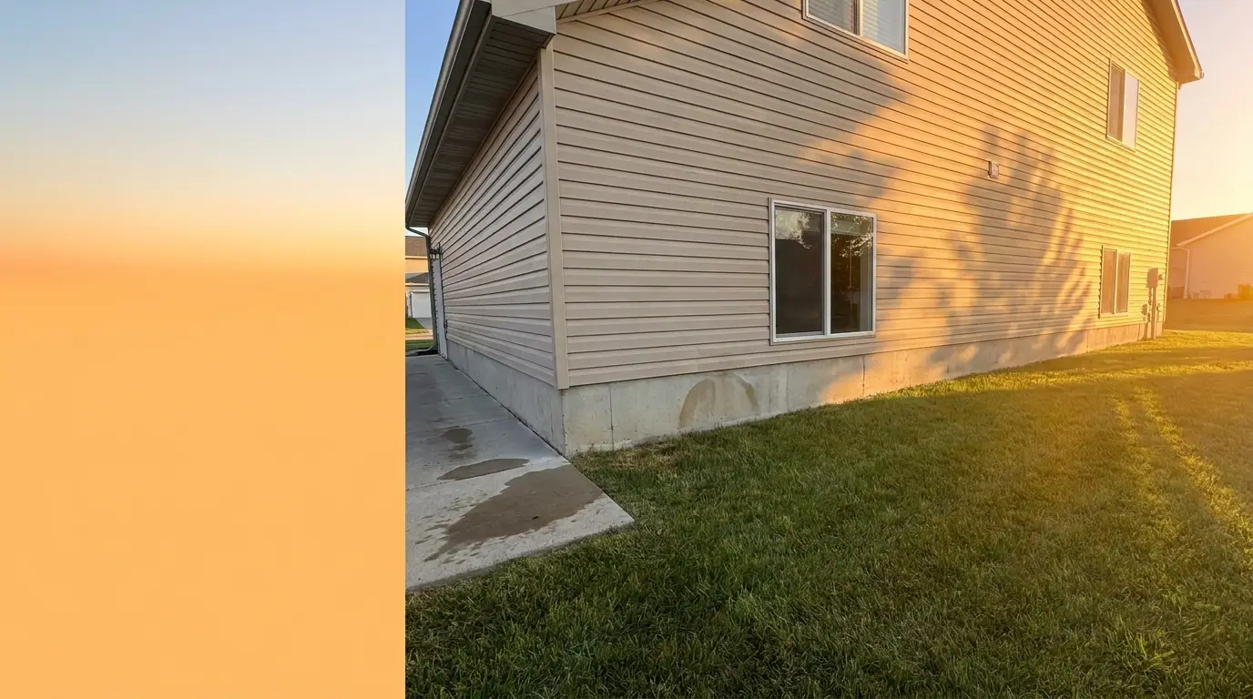 Side view of suburban house with brown siding and grass lawn in warm evening light