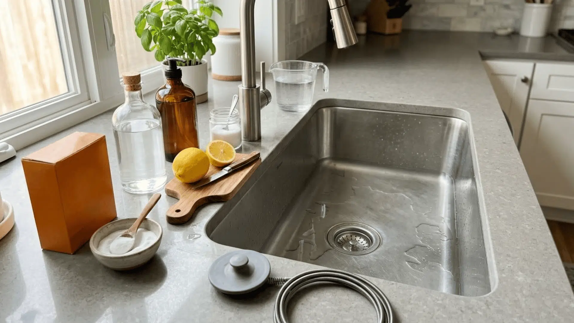 homemade drain cleaner ingredients arranged beside a kitchen sink for natural diy drain cleaning