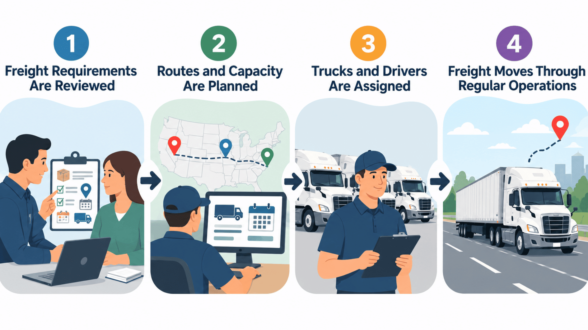 dedicated trucking services process showing freight planning route setup truck assignment and delivery operations illustration