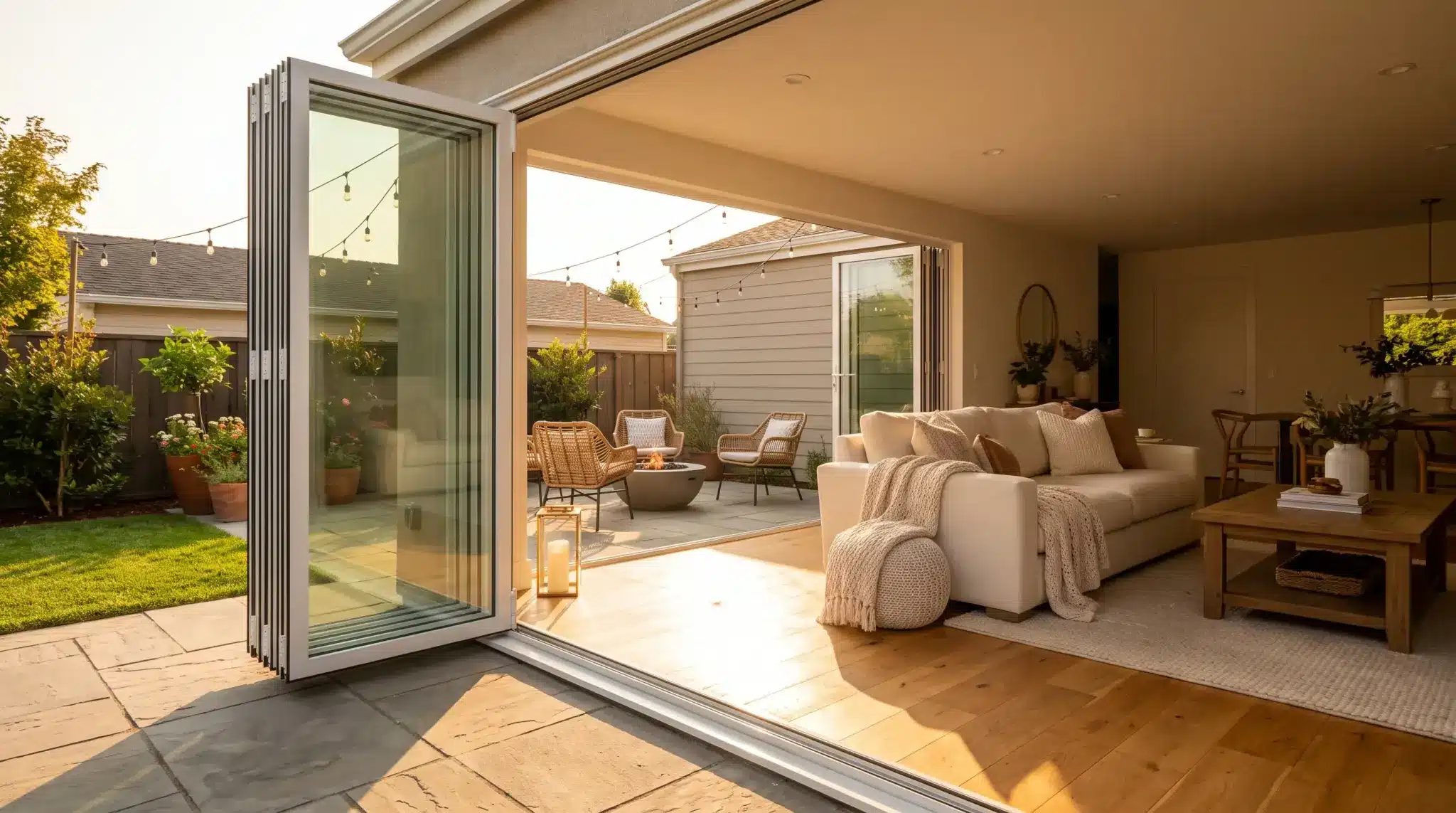 Open living room with sliding glass doors leading to patio with wicker chairs and fire pit