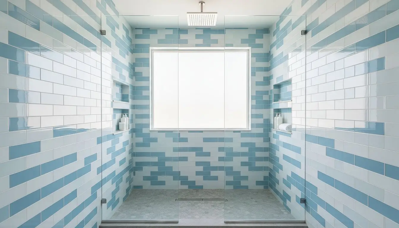 Modern shower with blue and white tiled walls and built-in shelves in bright bathroom