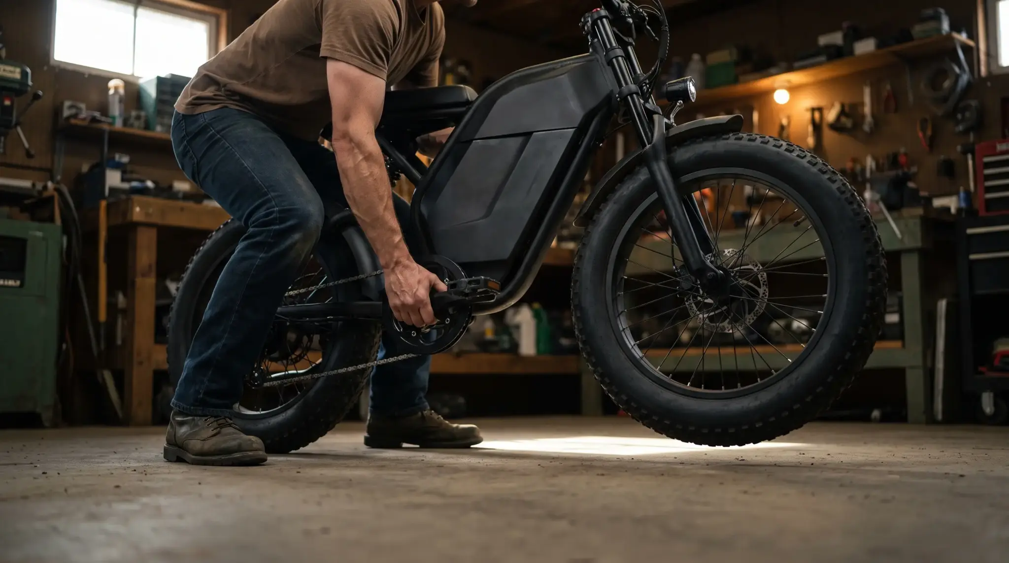 Man adjusting black electric bike in a dimly lit workshop with wooden workbenches