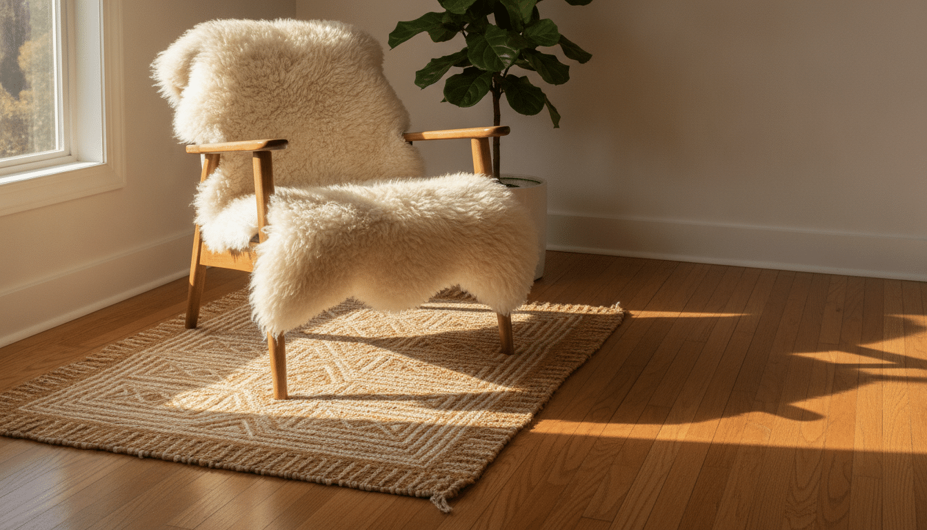 Sheepskin-covered chair on patterned rug in sunlit room with hardwood floor and potted plant
