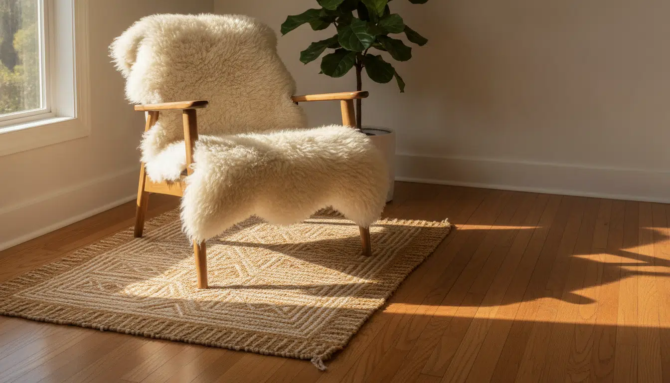 Sheepskin-covered chair on patterned rug in sunlit room with hardwood floor and potted plant