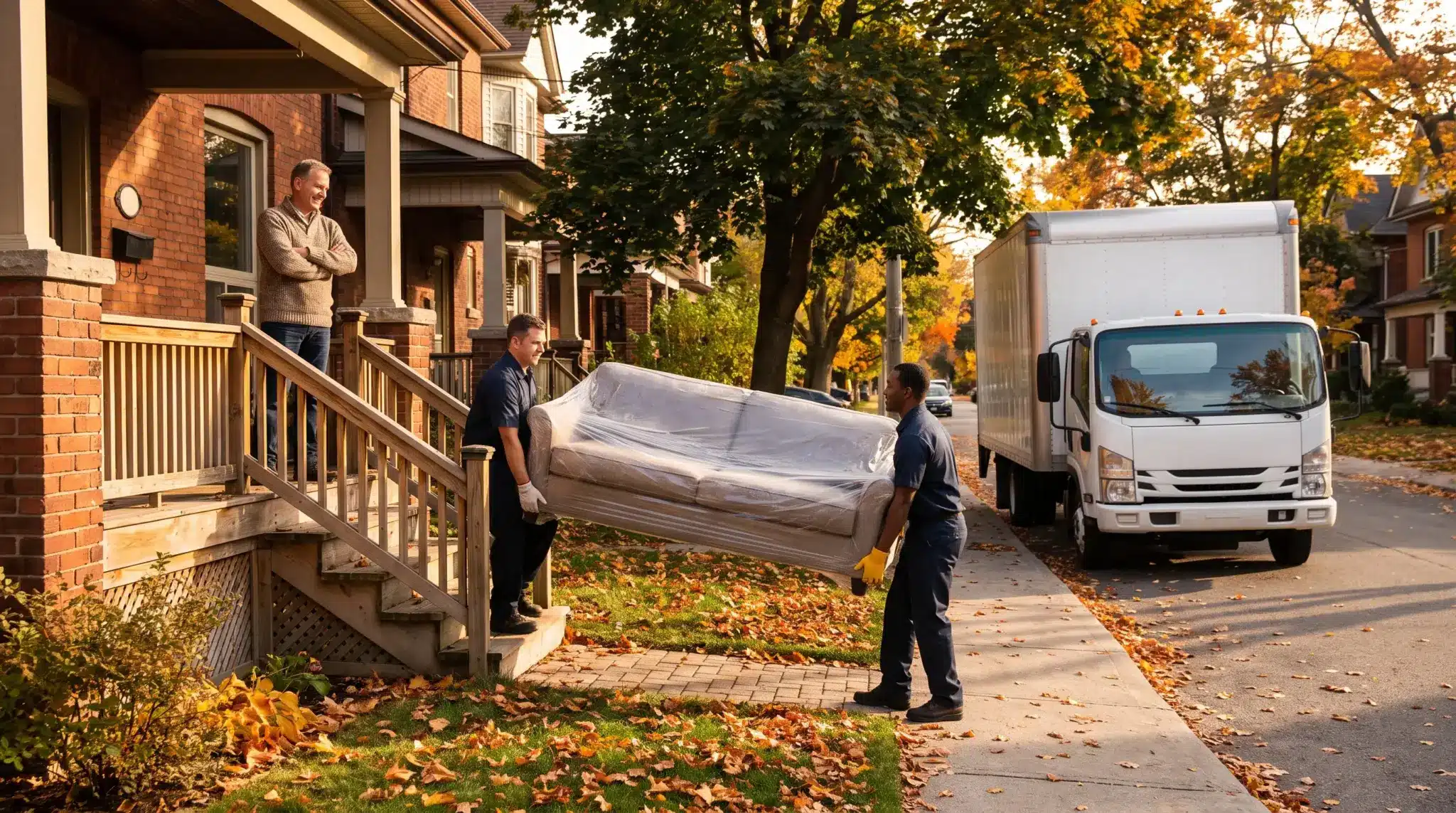 Movers carrying wrapped sofa to brick house porch under autumn trees