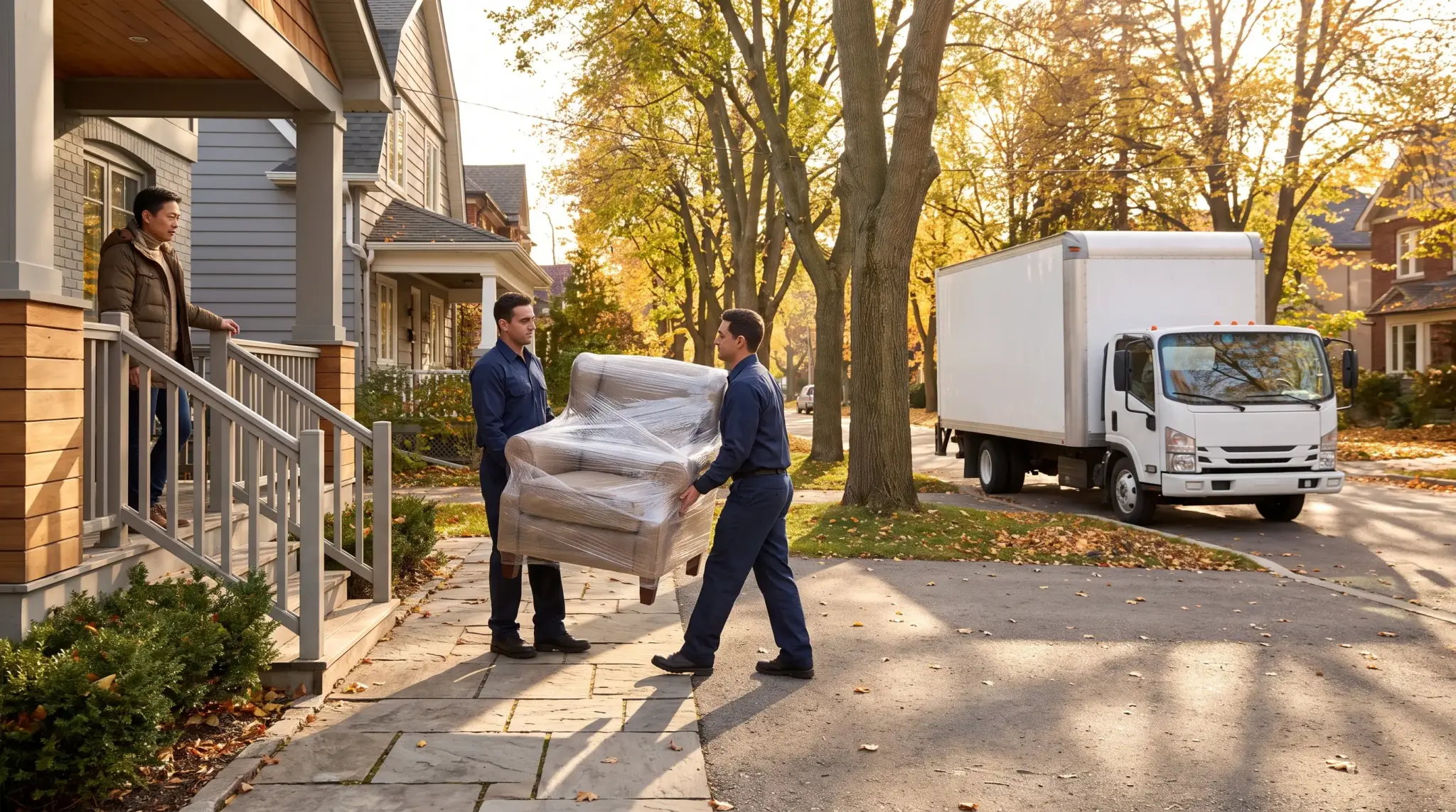 Movers carrying wrapped armchair outside suburban house with parked moving truck in autumn setting