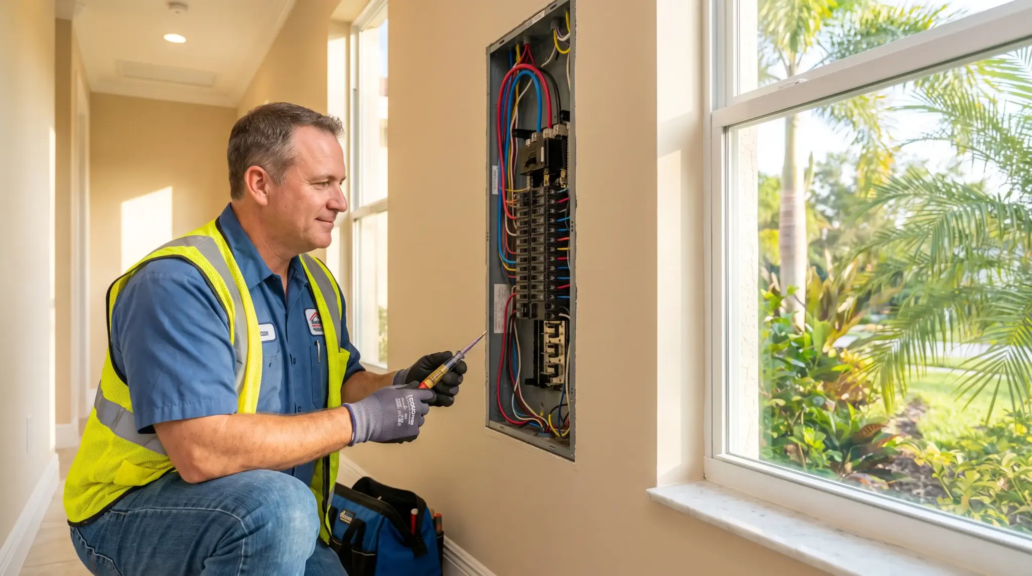 Electrician wearing safety vest working on circuit breaker panel indoors near window