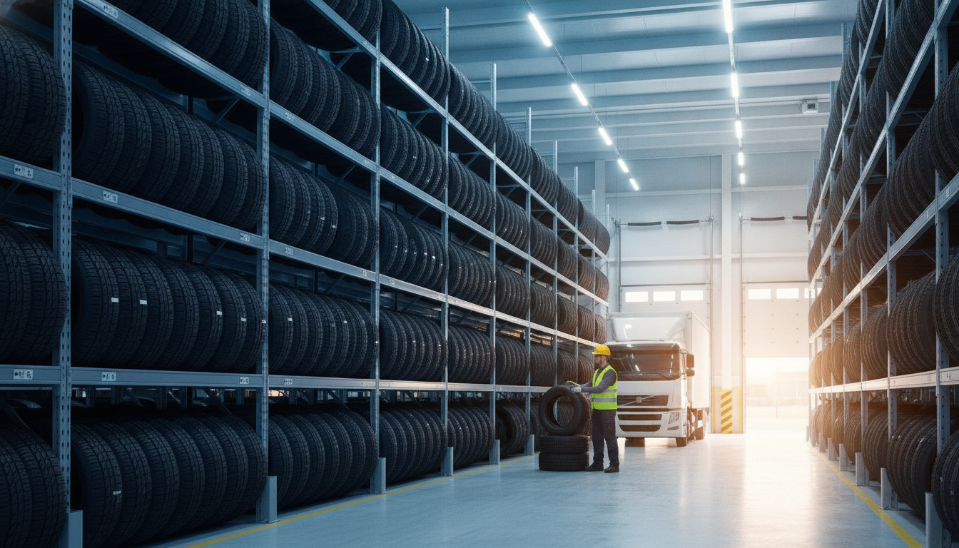 Worker in reflective vest organizing tires in a brightly lit warehouse with rows of shelves