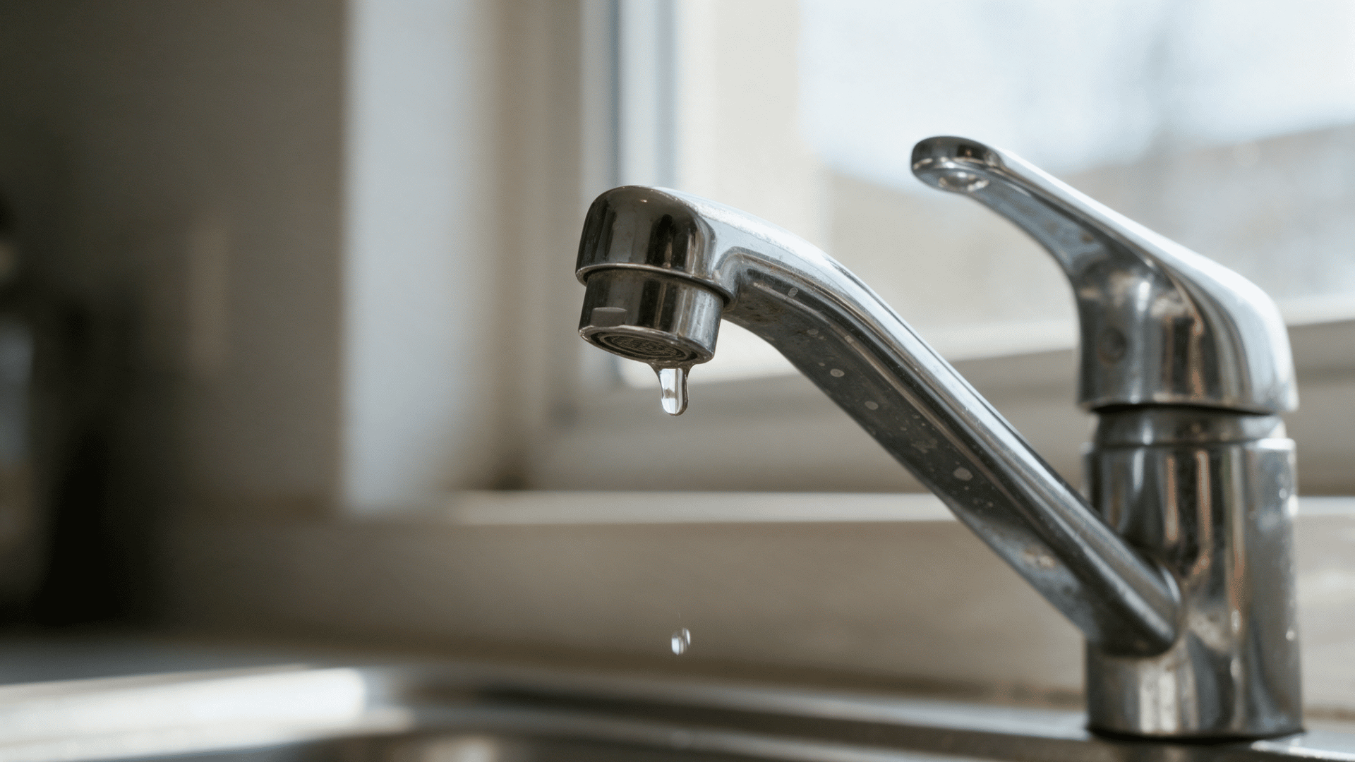 close view of a chrome kitchen faucet dripping water from the spout above the sink