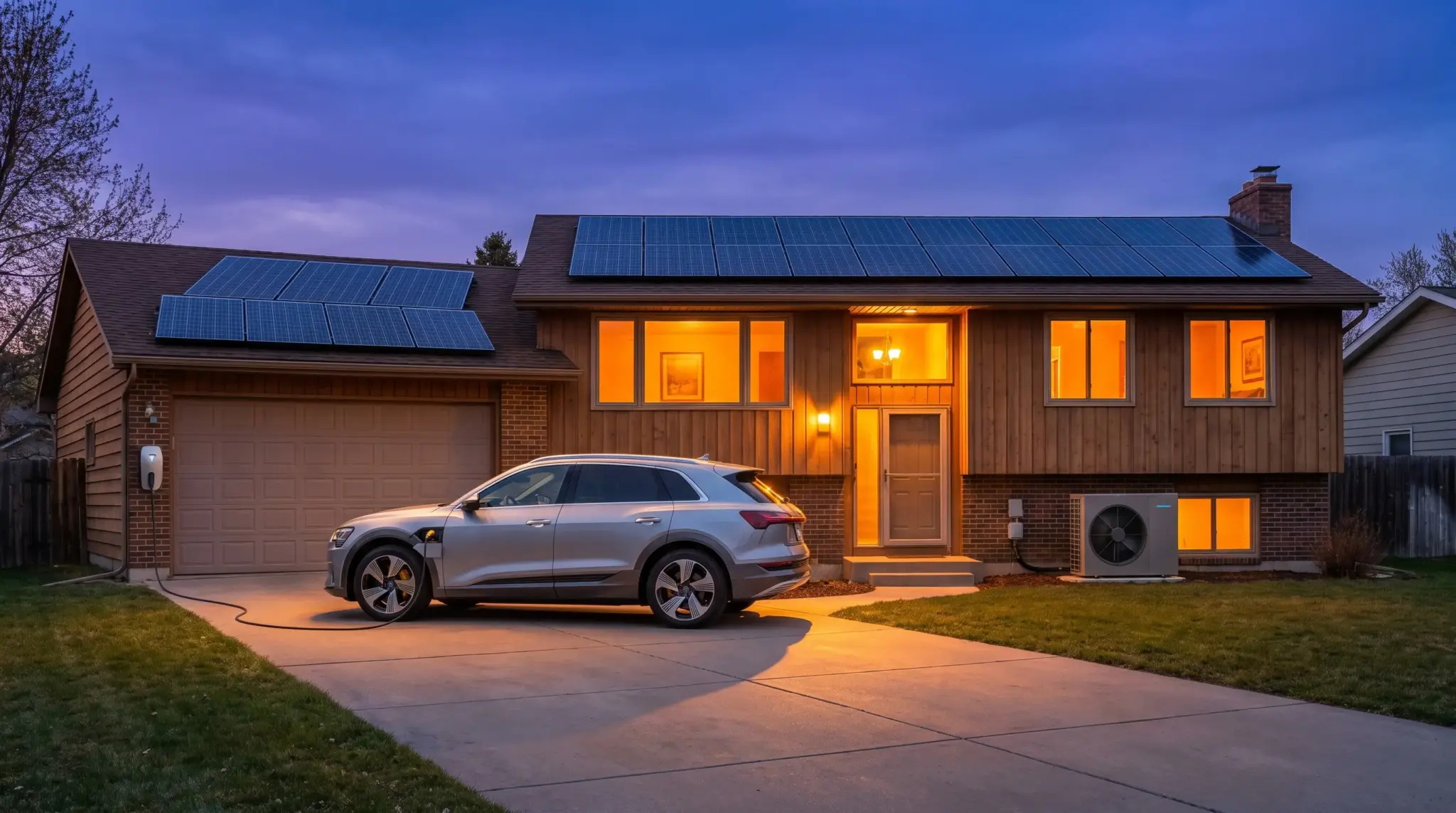 Silver electric SUV charging in driveway of house with solar panels at dusk
