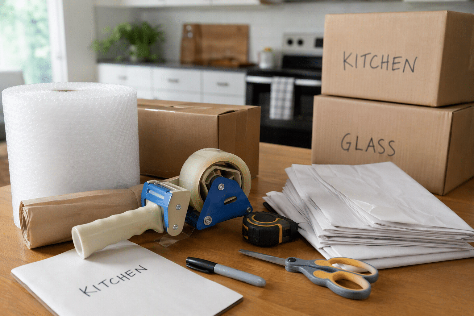Packing materials including tape, scissors, and cardboard boxes in a kitchen setting