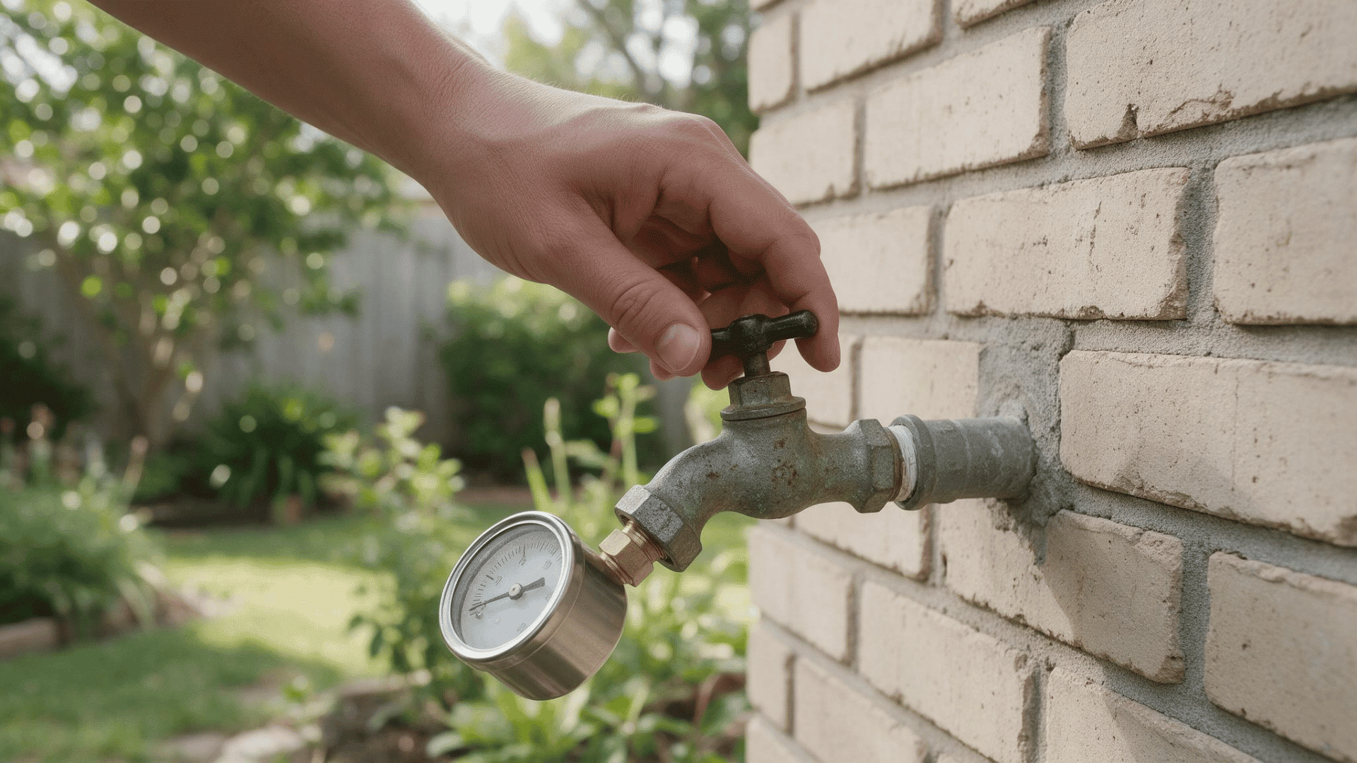 hand checking home water pressure with a gauge attached to an outdoor faucet on a brick wall