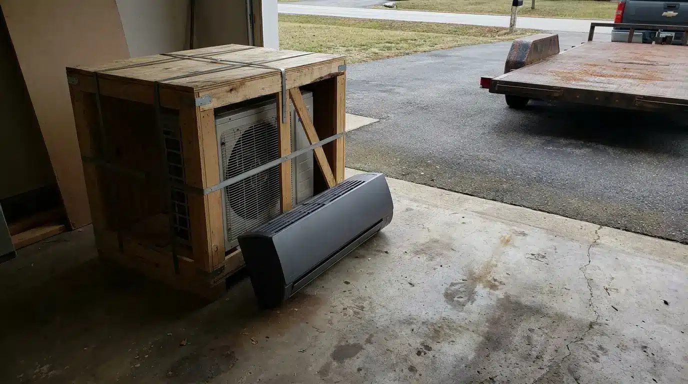 Air conditioning unit in wooden crate on garage floor with utility trailer nearby