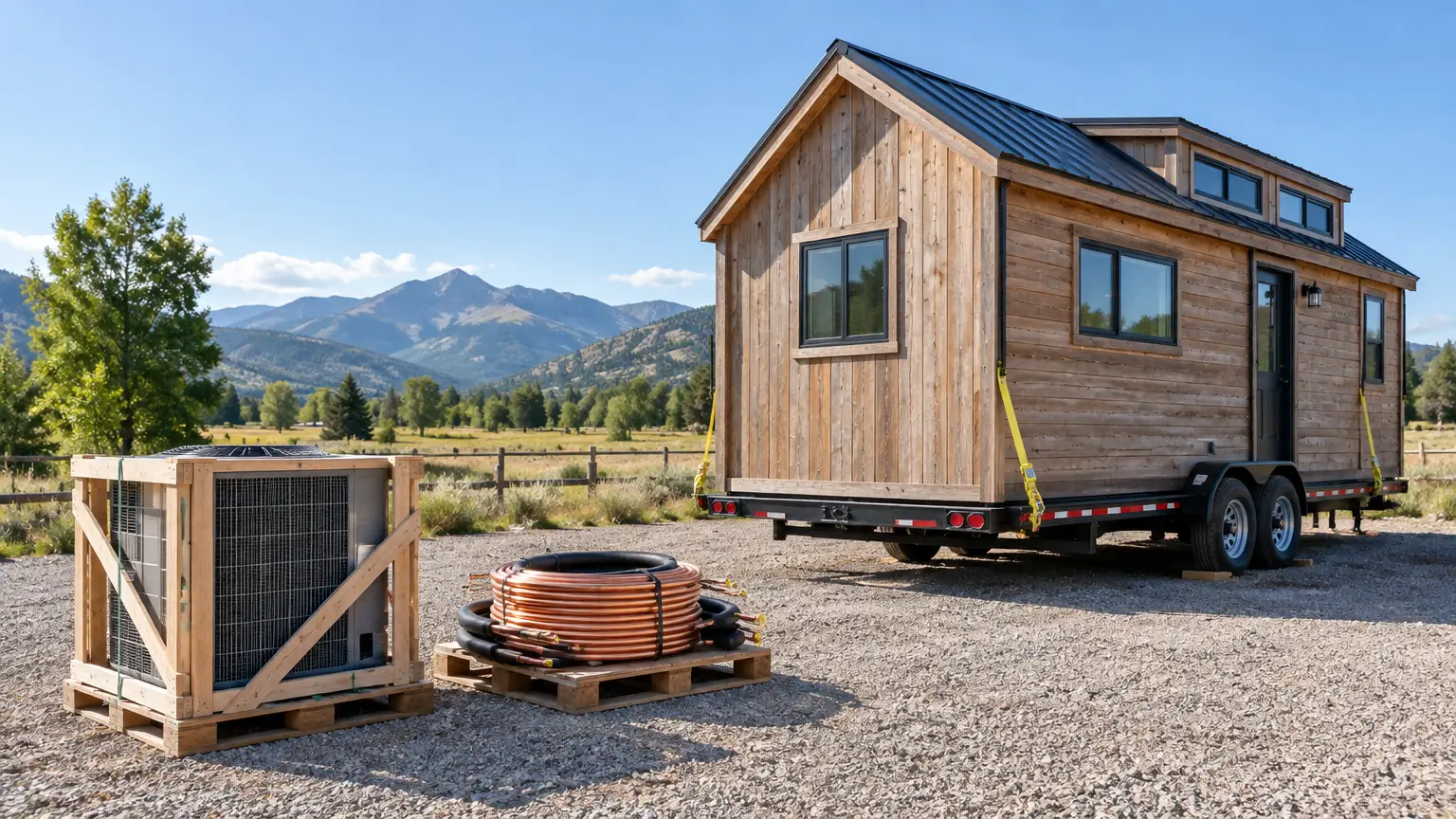 Tiny house on trailer with copper tubing and equipment in rural mountain setting
