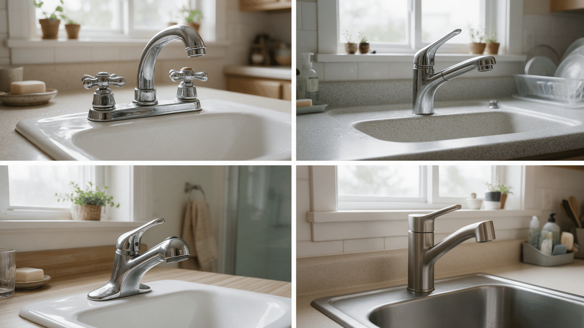 collage showing compression, cartridge, ball, and ceramic disc faucet styles installed at sinks