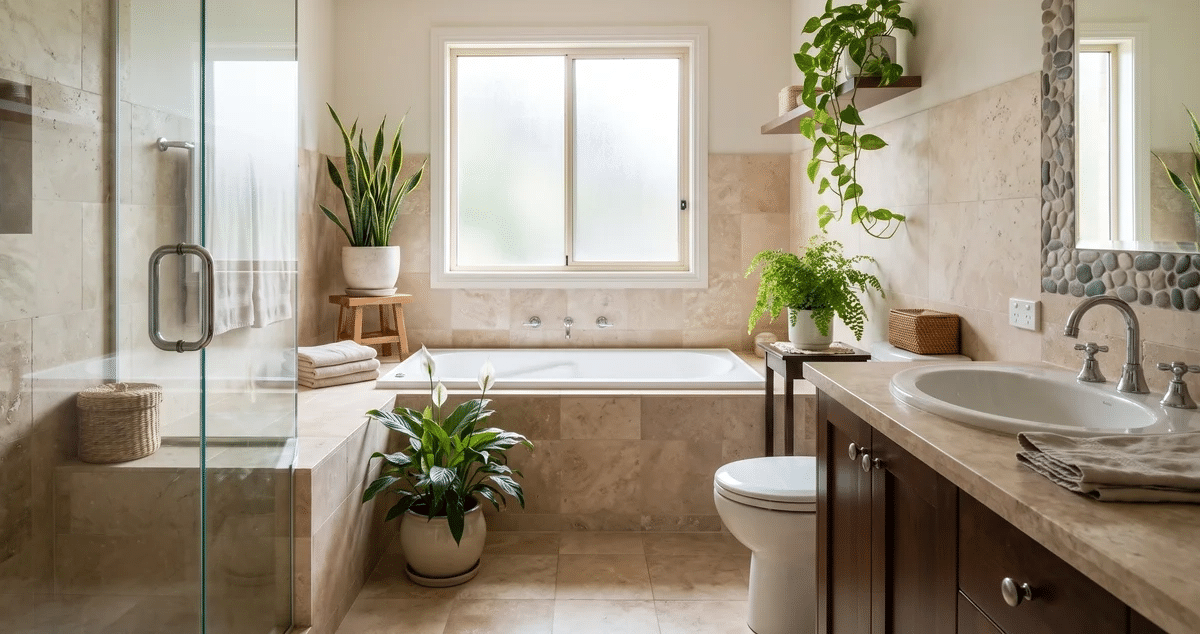 Full bathroom with potted pothos, snake plant, fern, and peace lily near daylight.