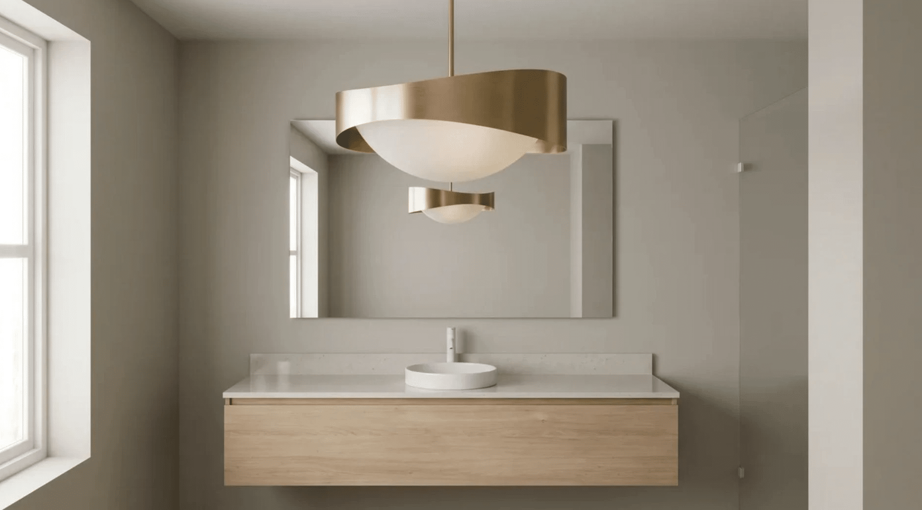 Sculptural pendant light serving as a focal point in a refined spa bathroom.