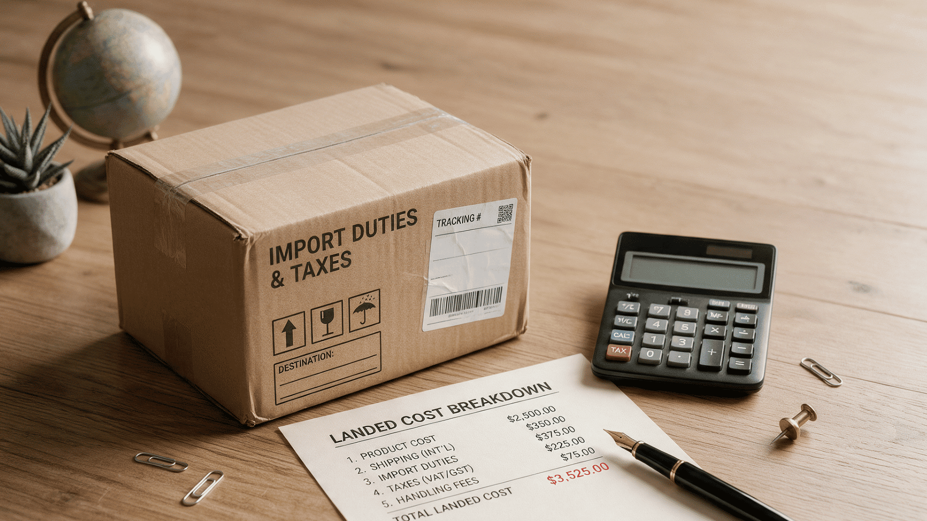 cardboard package with import duties and taxes label beside calculator and landed cost breakdown sheet